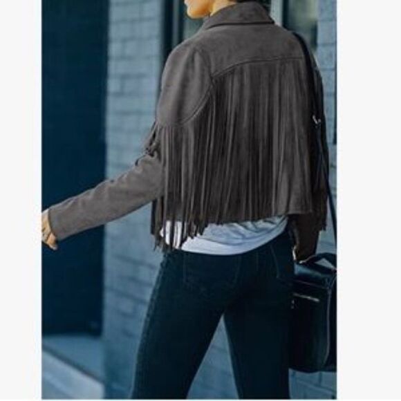 Fringe Cropped Suede Leather Motorcycle Jacket - Picture 4 of 5